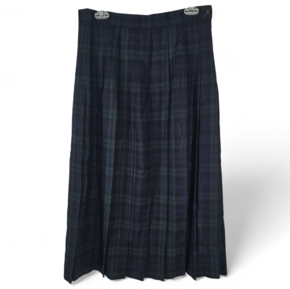 L.L. Bean Navy Green Plaid Pleated Wool Midi Skirt Size 16 Reg